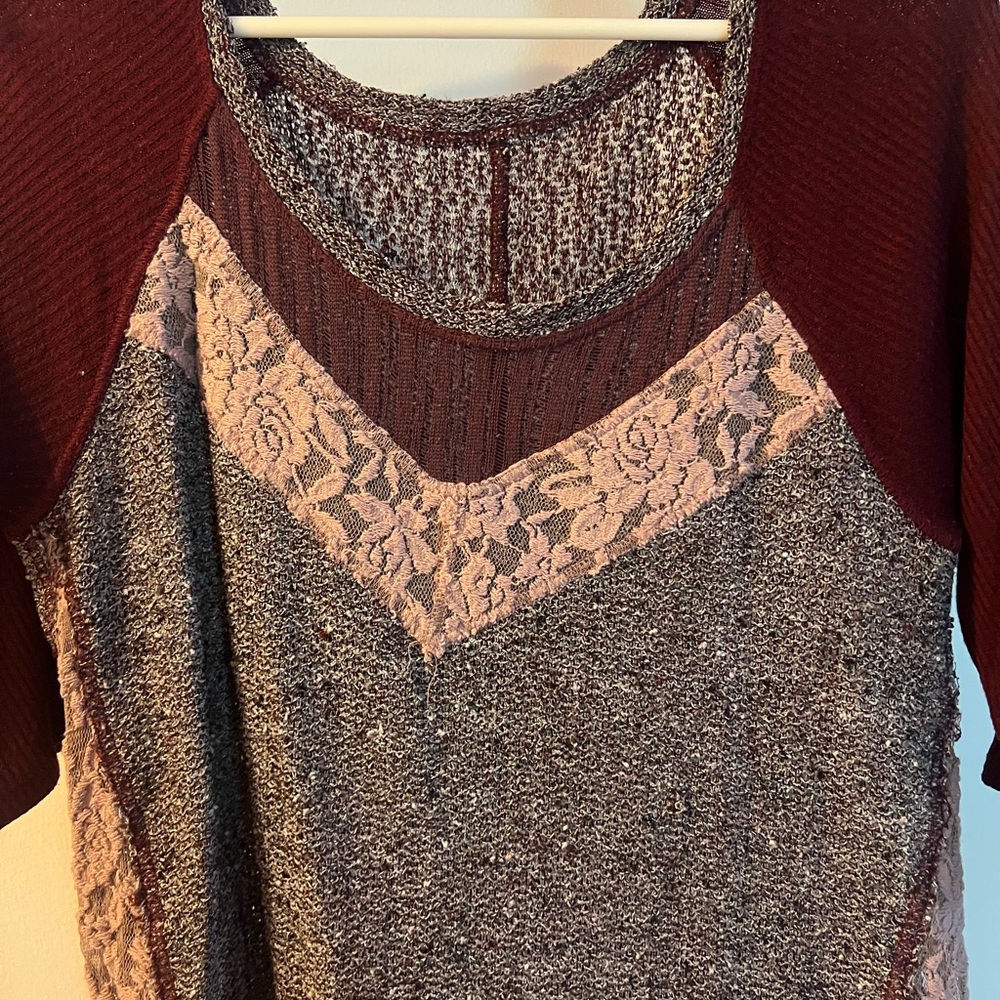 Free People Vintage Burgundy, Grey, and Pink Lace Top